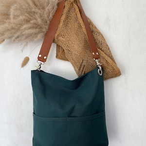 Women casual Tote bag , Hobo shoulder bag, Canvas tote bag with leather strap, Canvas bucket bag with pocket and zipper Christmas green image 4