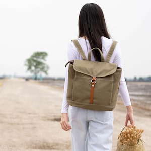 Laptop Canvas School Satchel Mochila, Mochila de viaje minimalista con cremallera, Mochila de pañales de lona/VERDE OLIVA-no.102 TANYA