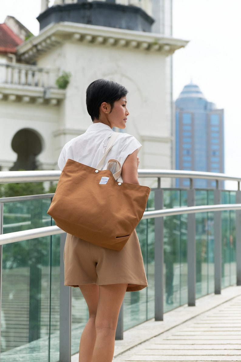 Large canvas Market tote bag, Diaper bag in Cognac Brown, grocery shopping Shoulder bag, Teacher library tote bag Victoria tote 202 image 6