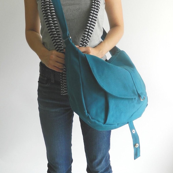 Teal blue canvas messenger crossbody bag, crossbody bag, Pockets Diaper bag, School laptop bag Purse with adjustable strap-no.12 KYLIE