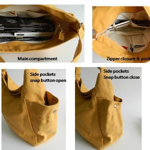 May include: Mustard yellow canvas shoulder bag with multiple compartments. Features a main compartment, zipper closure, and side pockets with snap button closures. The bag is shown open and closed, displaying its storage capacity.