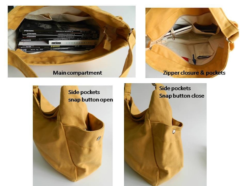 May include: Mustard yellow canvas shoulder bag with multiple compartments. Features a main compartment, zipper closure, and side pockets with snap button closures. The bag is shown open and closed, displaying its storage capacity.
