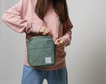 Armsterdam Green Waxed Canvas Travel Messenger Bag, Small crossbody bag Personalized gift for her - Crossbody Koala | 208