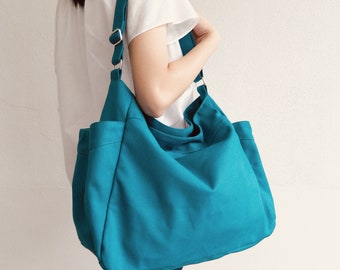 Large Canvas messenger bag with many pockets, Women Vegan hobo bag in Teal, Zipper clousure cotton  travel bag - Renee| 101