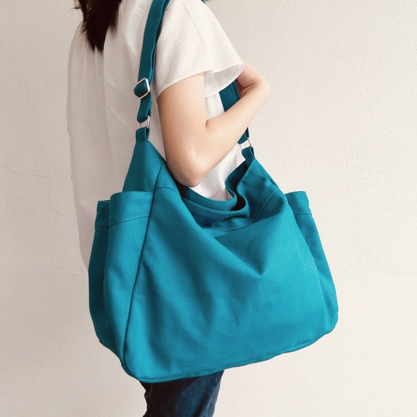 Women hobo diaper bag in Teal, Canvas large messenger with many pockets, top zipper clousure nappy bag - messenger bag | 101