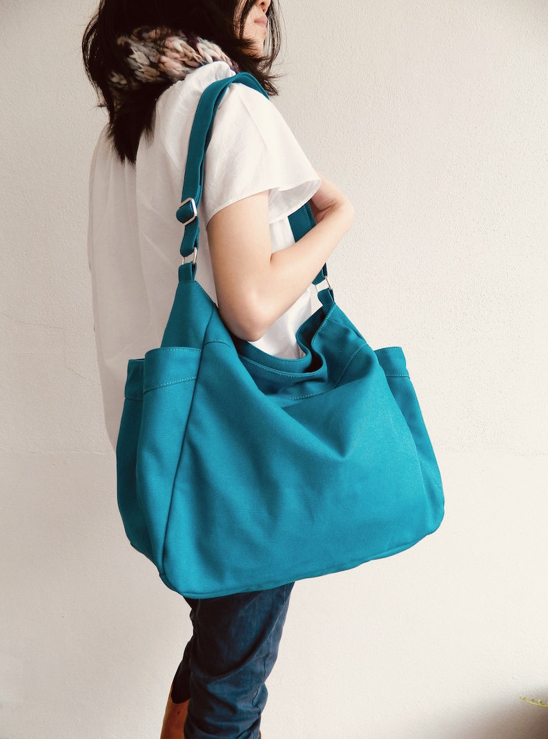 Women hobo diaper bag in Teal, Canvas large messenger with many pockets, top zipper clousure nappy bag messenger bag 101 image 1