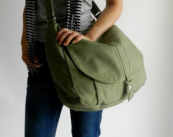 Smoke Green Canvas crossbody bag Women Travel shoulder bag Everyday Canvas messenger handbag , Vegan hobo diaper bag for her - no.12 KYLIE