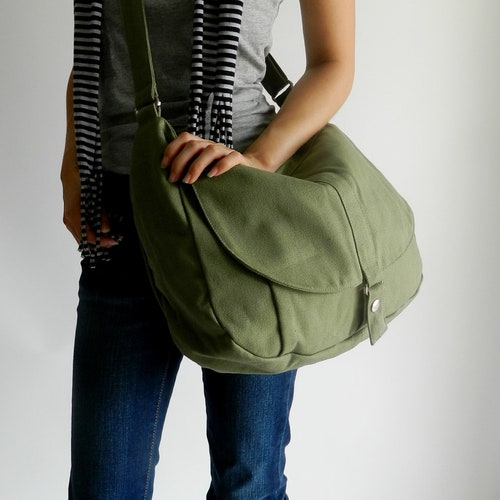 Smoke Green Canvas crossbody bag Women Travel shoulder bag Everyday Canvas messenger handbag , Vegan hobo diaper bag for her - no.12 KYLIE