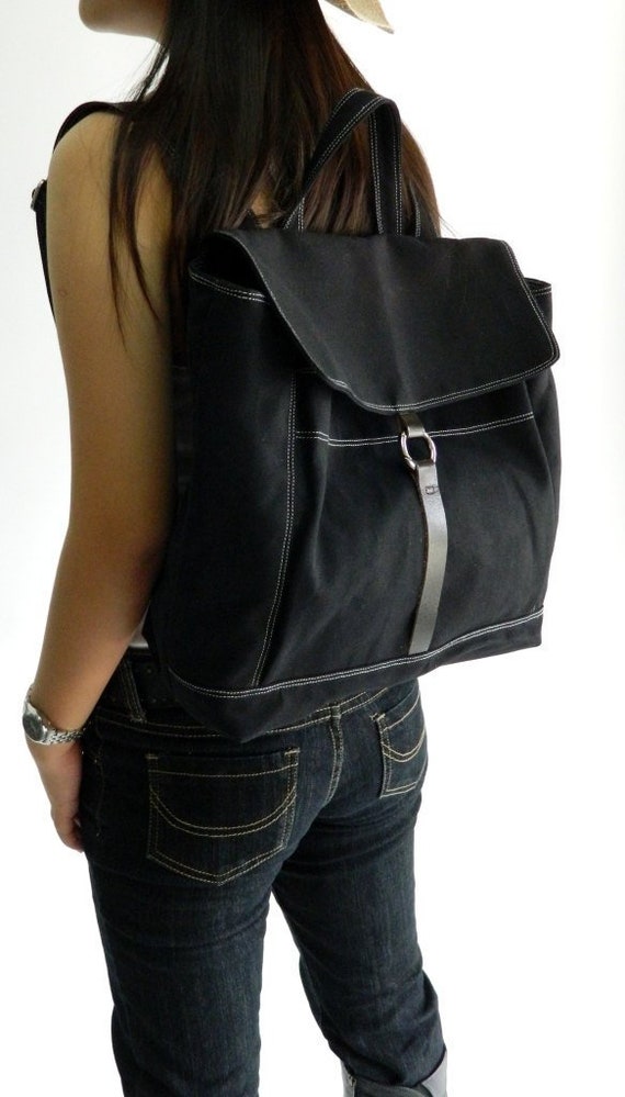 Travel Black Canvas Backpack: Leather Strap Rucksack, Laptop Bag Diaper backpack - Backpacks Tanya | 102