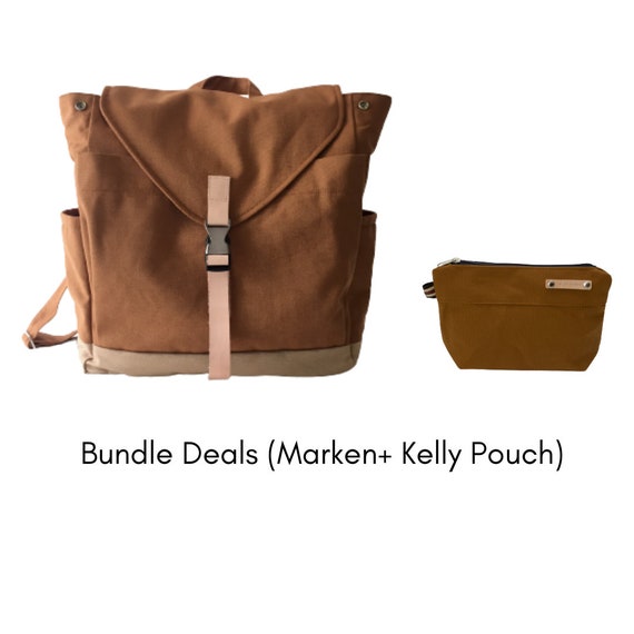 Tan Brown Canvas Travel Backpack Zipper Leather Strap Diaper