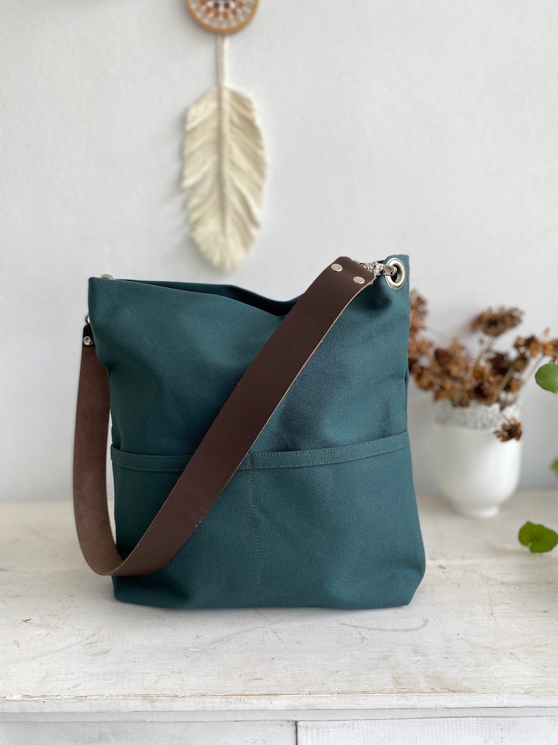 Women casual Tote bag , Hobo shoulder bag, Canvas tote bag with leather strap, Canvas bucket bag with pocket and zipper Christmas green Bag only