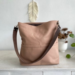 Women hobo shoulder bag, leather strap tote bag, Personalized Gift for her women Tote bag, Canvas bag with pocket and zipper Rose Gold image 3