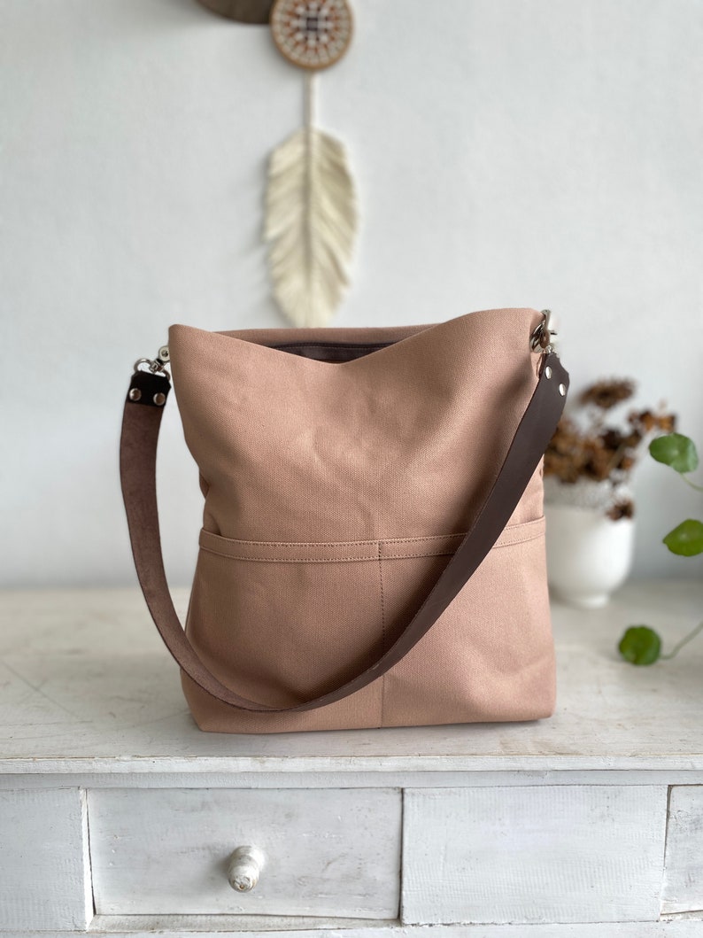 Women hobo shoulder bag, leather strap tote bag, Personalized Gift for her women Tote bag, Canvas bag with pocket and zipper Rose Gold image 3