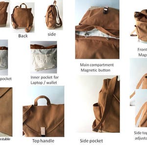 May include: Brown canvas backpack with multiple pockets and leather adjustable fastenings. Features a top handle, side pockets, and a magnetic button closure. The interior includes an inner phone pocket and a pocket for a laptop or wallet. The side top opening has an adjustable button.