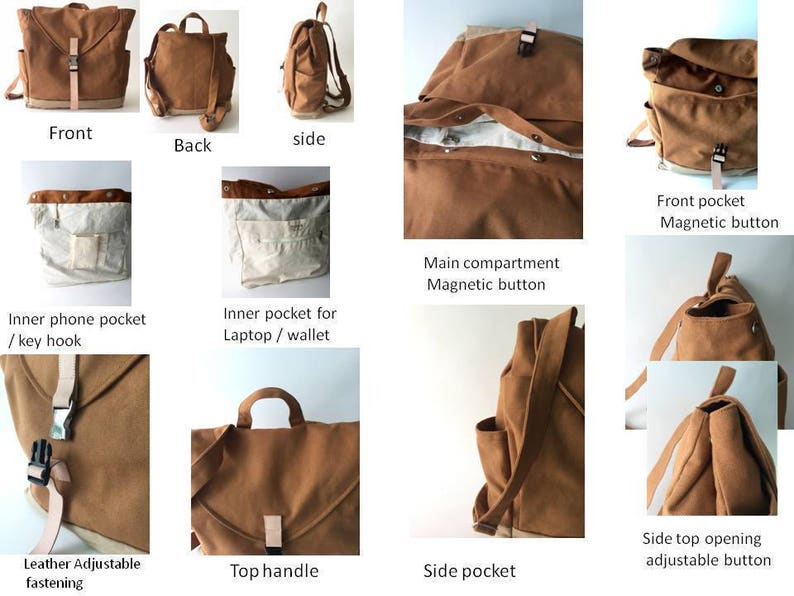 May include: Brown canvas backpack with multiple pockets and leather adjustable fastenings. Features a top handle, side pockets, and a magnetic button closure. The interior includes an inner phone pocket and a pocket for a laptop or wallet. The side top opening has an adjustable button.