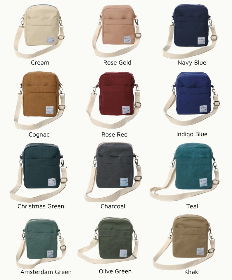 May include: A collection of crossbody bags in various colors, including cream, rose gold, navy blue, cognac, rose red, indigo blue, Christmas green, charcoal, teal, Amsterdam green, olive green, and khaki. Each bag has a matching adjustable strap.