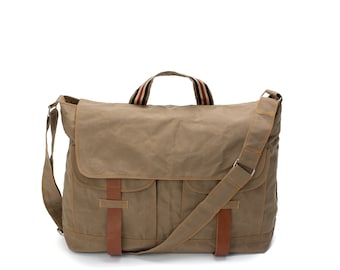 15" laptop schooltas schoudertas van gewaxt canvas in kaki, waterafstotende crossbody damestas - no.104 MACKENZIE