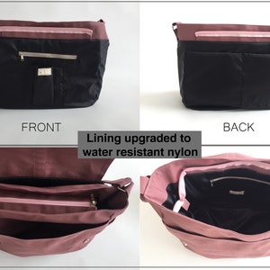 K&ouml;nnte beinhalten: Mehransicht-Bild einer Umh&auml;ngetasche. Die Tasche ist haupts&auml;chlich schwarz mit einem mauvefarbenen &Uuml;berschlag und Akzenten. Die Vorderansicht zeigt eine Tasche und einen Rei&szlig;verschluss. Der Text "Lining upgraded to water resistant nylon" ist sichtbar. Innen- und Au&szlig;enseite der Tasche werden ebenfalls gezeigt.