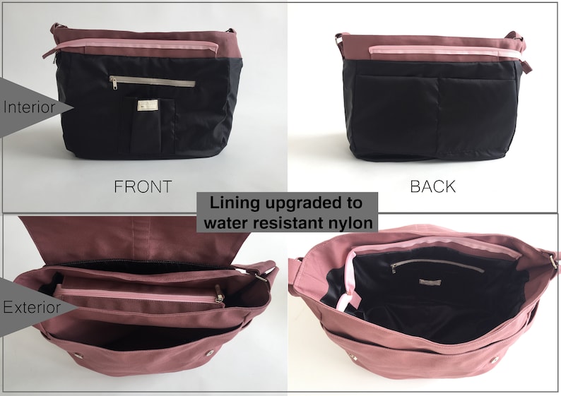 K&ouml;nnte beinhalten: Mehransicht-Bild einer Umh&auml;ngetasche. Die Tasche ist haupts&auml;chlich schwarz mit einem mauvefarbenen &Uuml;berschlag und Akzenten. Die Vorderansicht zeigt eine Tasche und einen Rei&szlig;verschluss. Der Text "Lining upgraded to water resistant nylon" ist sichtbar. Innen- und Au&szlig;enseite der Tasche werden ebenfalls gezeigt.