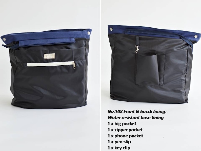 May include: Black tote bag with a navy blue top section. Features a white zipper pocket, a big pocket, and a small silver tag. The text on the image reads "No.108 Front & bacck lining: Water resistant base lining". Includes a phone pocket, pen slip, and key clip.