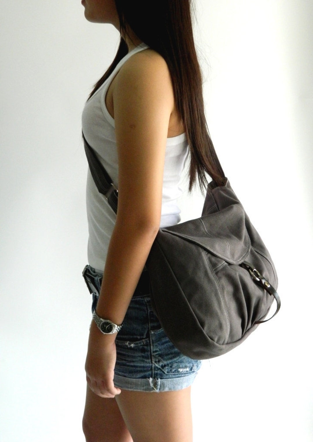 Water Resistant Canvas Messenger Bag in Gray, Zipper Crossbody