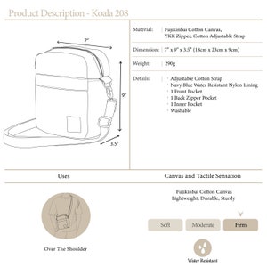 May include: Line drawing of a Koala 208 crossbody bag. The bag is made of Fujikinbai cotton canvas, with dimensions of 7" x 9" x 3.5". Features include an adjustable cotton strap, navy blue water-resistant nylon lining, and multiple pockets. The bag is lightweight, durable, and sturdy.