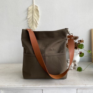 Casual hobo shoulder bag, leather strap Canvas tote bag, Gift for her women Tote bag, Canvas bucket bag with pocket and zipper Taupe Brown image 3