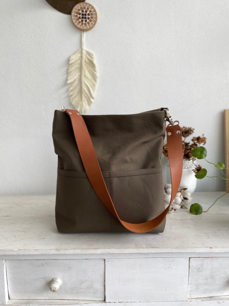Casual hobo shoulder bag, leather strap Canvas tote bag, Gift for her women Tote bag, Canvas bucket bag with pocket and zipper Taupe Brown image 3