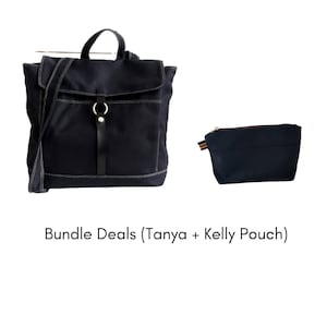 May include: A navy blue backpack with a flap closure, a top handle, and a shoulder strap, paired with a matching navy blue pouch. The backpack features white stitching and a black leather strap with a silver ring. The text "Bundle Deals (Tanya + Kelly Pouch)" is below.