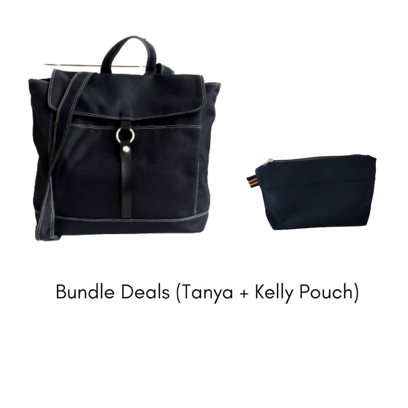 May include: A navy blue backpack with a flap closure, a top handle, and a shoulder strap, paired with a matching navy blue pouch. The backpack features white stitching and a black leather strap with a silver ring. The text "Bundle Deals (Tanya + Kelly Pouch)" is below.