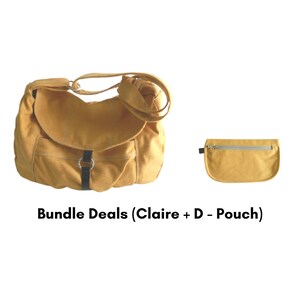 May include: Mustard yellow shoulder bag with a curved flap and a small matching pouch. The bag has a long strap and a black accent ring. The text "Bundle Deals (Claire + D - Pouch)" is at the bottom.