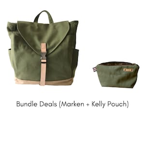 May include: An olive green backpack with a flap closure, side pockets, and a tan bottom panel. A matching olive green pouch is also included. The text "Bundle Deals (Marken + Kelly Pouch)" is displayed below the products.