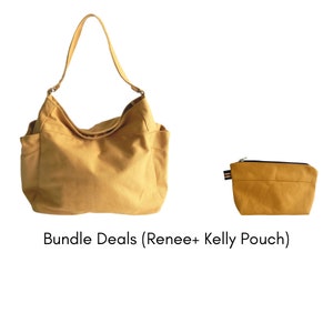May include: A mustard yellow tote bag with a single strap and a matching mustard yellow zippered pouch. The text "Bundle Deals (Renee+ Kelly Pouch)" is below the bags.