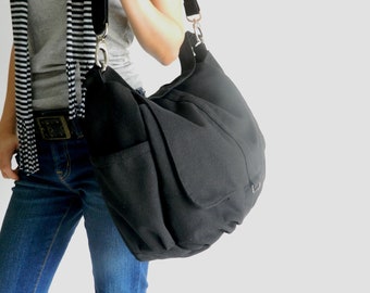 BLACK canvas messenger bag, Travel Women crossbody diaper bag, Gym shoulder bag, Vegan cotton Back to school 15&quot; laptop bag - no.18 / DANIEL