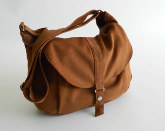Brown Cotton Canvas Messenger Bag, Women Travel Crossbody Bag , Stylish Everyday Diaper Purse, gift for Her - no.12 KYLIE