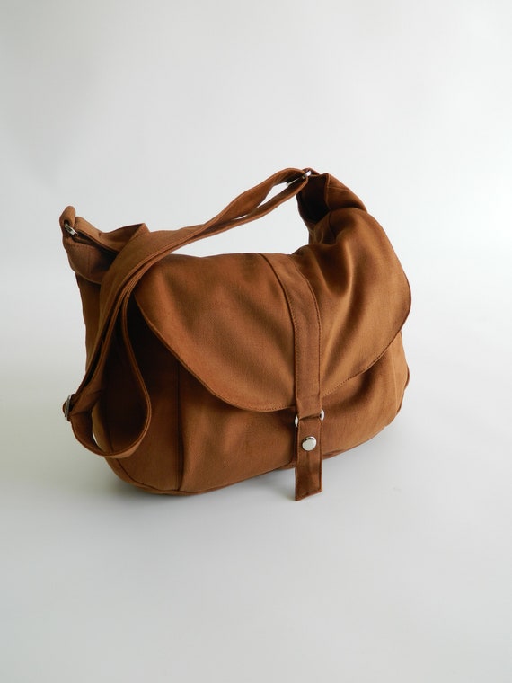 Brown Cotton Canvas Messenger Bag, Women Travel Crossbody Bag , Stylish Everyday Diaper Purse, gift for Her - no.12 KYLIE