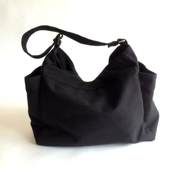 Czarna płócienna torba na pieluchy z suwakiem Crossbody Hobo Bag dla kobiet, spersonalizowany , prezent torebka dla niej - nr 101 RENEE