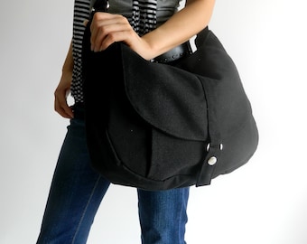 Black Canvas Messenger Women hobo Travel bag,  School laptop bag , Vegan Women canvas work Purse, everyday diaper bag - no.12 KYLIE