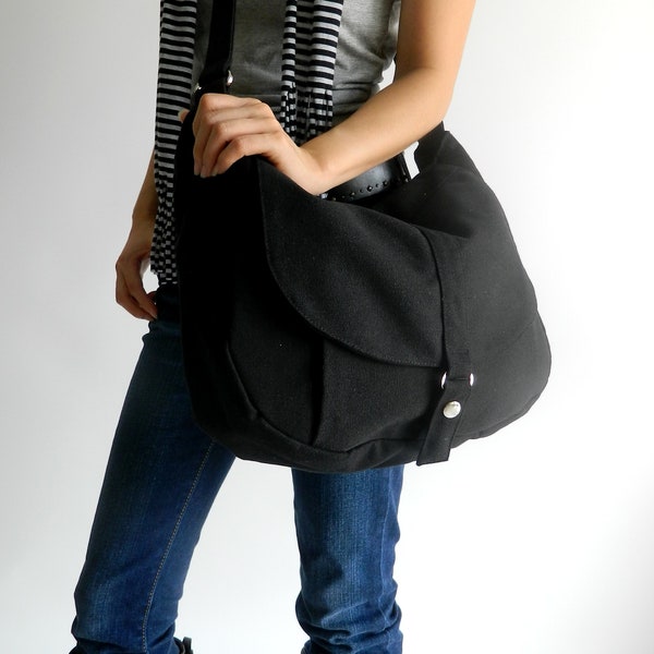 Zwarte canvas Messenger vrouwen hobo reistas, school laptoptas, Vegan vrouwen canvas werk portemonnee, alledaagse luiertas - no.12 KYLIE