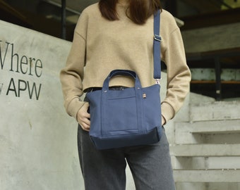 Navy Blue Canvas Crossbody Bag: Small Everyday Tote, Water Resistant