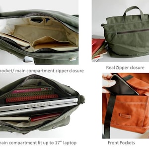 May include: Olive green canvas messenger bag with multiple pockets and a zipper closure. The bag has a large main compartment that fits up to a 17-inch laptop. Features interior and front pockets. The text on the image says "Interior pocket/ main compartment zipper closure", "Real Zipper closure", "Large main compartment fit up to 17" laptop", and "Front Pockets".