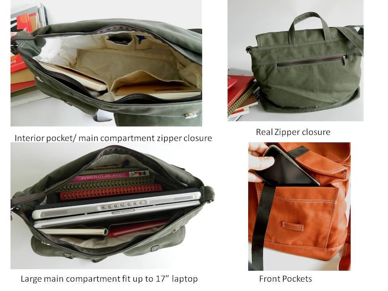May include: Olive green canvas messenger bag with multiple pockets and a zipper closure. The bag has a large main compartment that fits up to a 17-inch laptop. Features interior and front pockets. The text on the image says "Interior pocket/ main compartment zipper closure", "Real Zipper closure", "Large main compartment fit up to 17" laptop", and "Front Pockets".