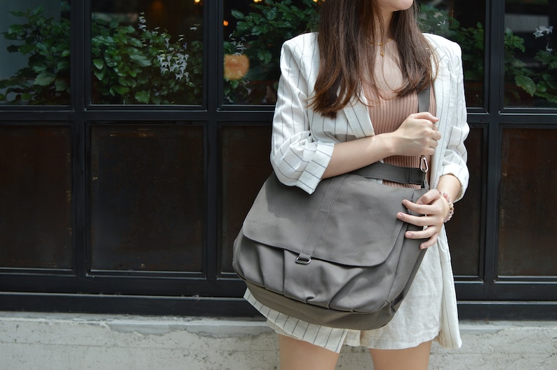 Women Gray messenger bag , Canvas school laptop bag with zipper, Water resistantTravel Crossbody shoulder bag no.18/DANIEL image 5