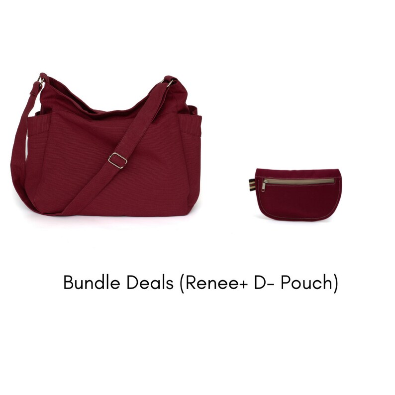 May include: A burgundy shoulder bag with multiple pockets and a matching small pouch. The bag has a long adjustable strap and a silver-colored buckle. The pouch has a zipper closure and a small striped accent.