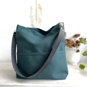 Women casual Tote bag , Hobo shoulder bag, Canvas tote bag with leather strap, Canvas bucket bag with pocket and zipper Christmas green image 3