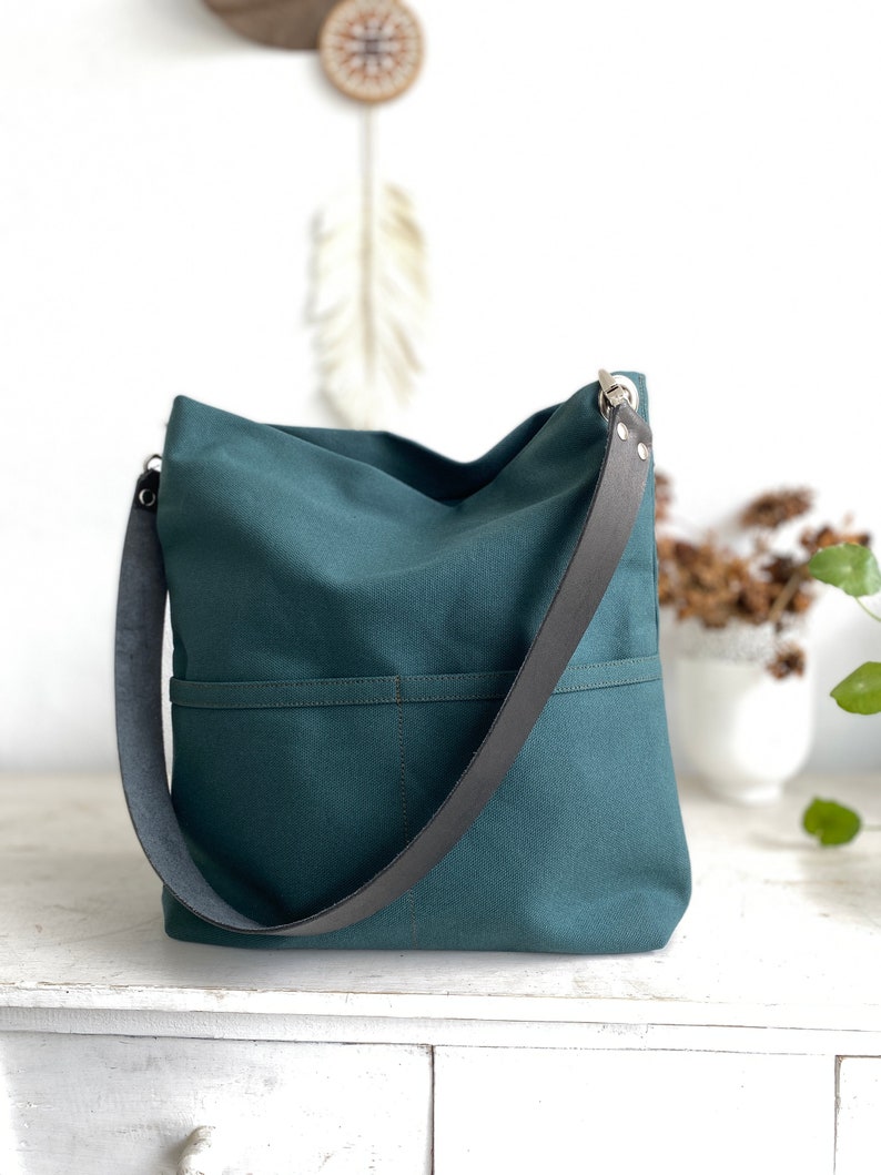 Women casual Tote bag , Hobo shoulder bag, Canvas tote bag with leather strap, Canvas bucket bag with pocket and zipper Christmas green image 3