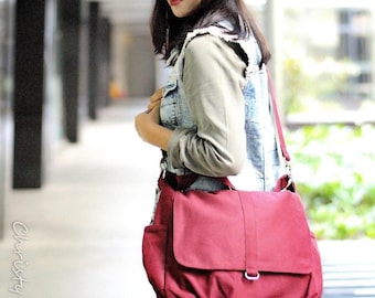 Women Canvas Diaper Bag in ROSE RED, School Messenger Bag fit 15" Laptop Canvas Crossbody bag , Travel Messenger Bag - no.18 DANIEL