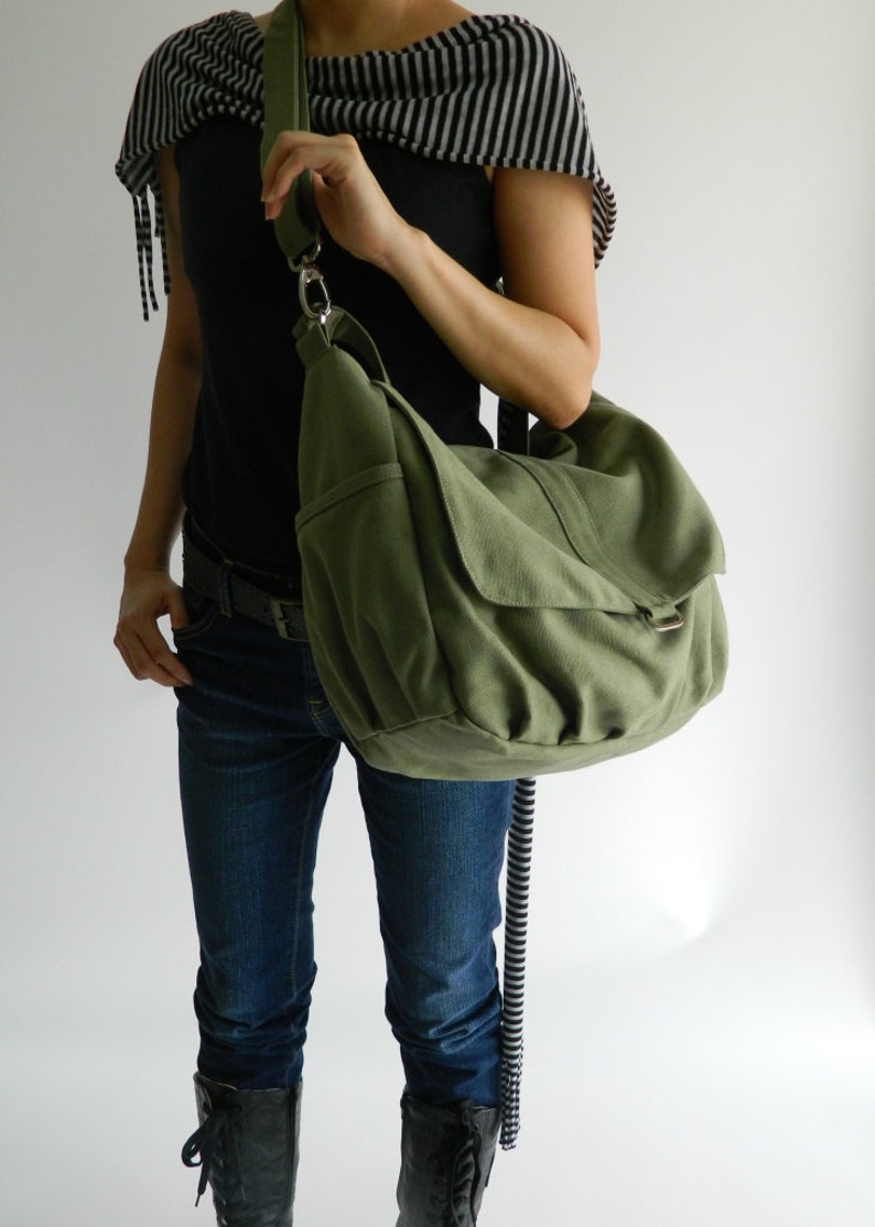 Smoke Green Messenger 15 Laptop Bag, Canvas Diaper Bag, Women Travel Crossbody Bag, Large and Roomy bag Gift For Her no.18 / DANIEL image 2
