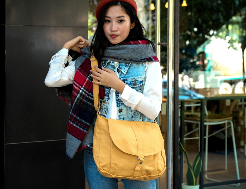 Travel Messenger Bag in Mustard, Women Canvas crossbody diaper bag, Shoulder bag , Vegan School laptop bag, Personlize gift set no.12 KYLIE image 3