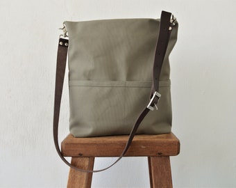 Messenger Leather Strap Canvas Tote Bag, Hobo Tote Bag, Canvas Bucket Bag with Pocket, Gift for her - HOBO TOTE  Messenger Strap